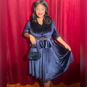 Miss Candyfloss Valencia-Lee Navy Velvet Dress XL- 1940s Peplum Holiday retro